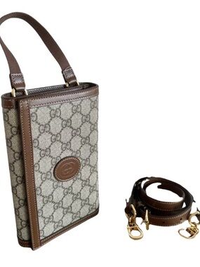 Gucci Beige GG Canvas Brown Leather Vertical Crossbody